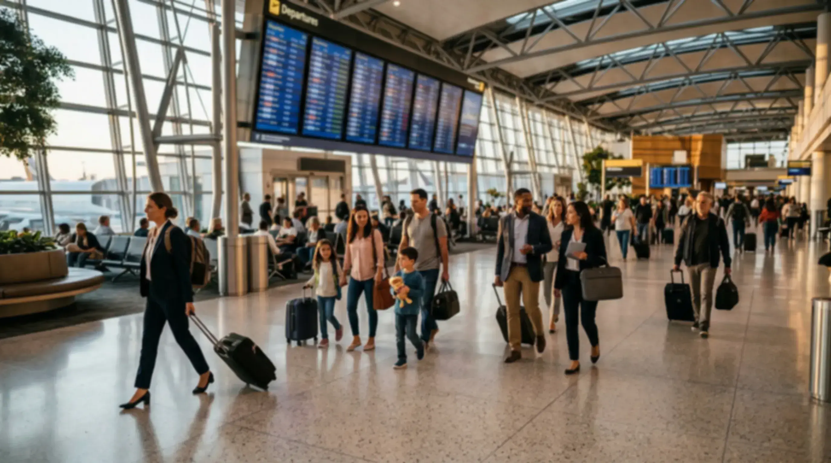 Airport terminal with travelers
